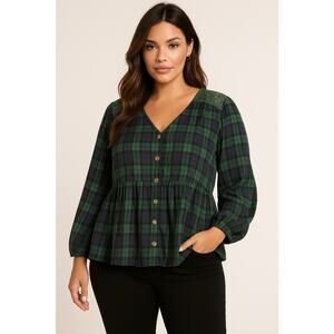 Dark Academia Chic Office Navy Green Plaid Peplum Button Front Blouse Lace XL